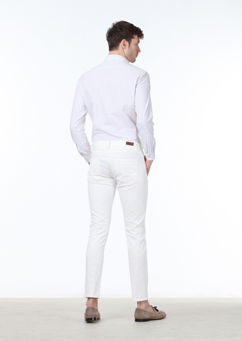 Off White Weaving Slim Fit Casual Cotton Blended Trousers - 4