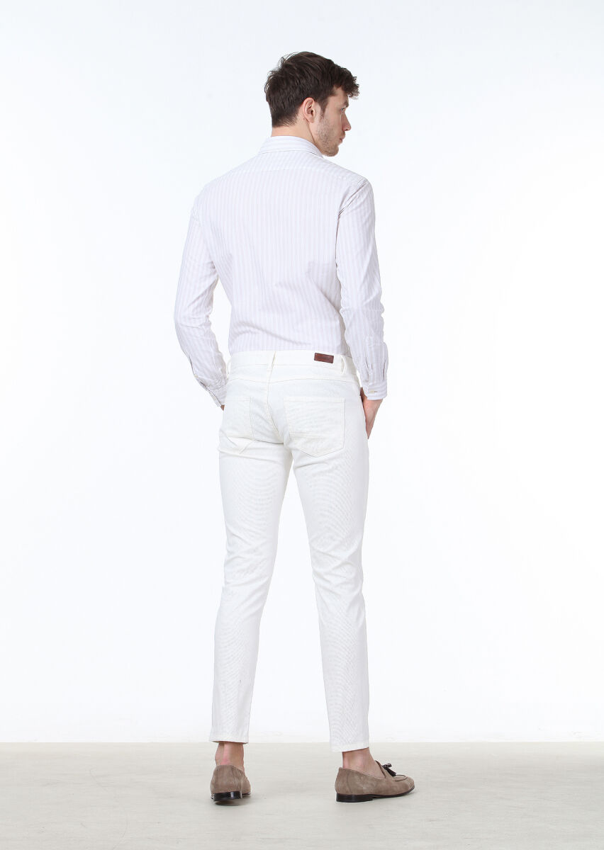 Off White Weaving Slim Fit Casual Cotton Blended Trousers - 4