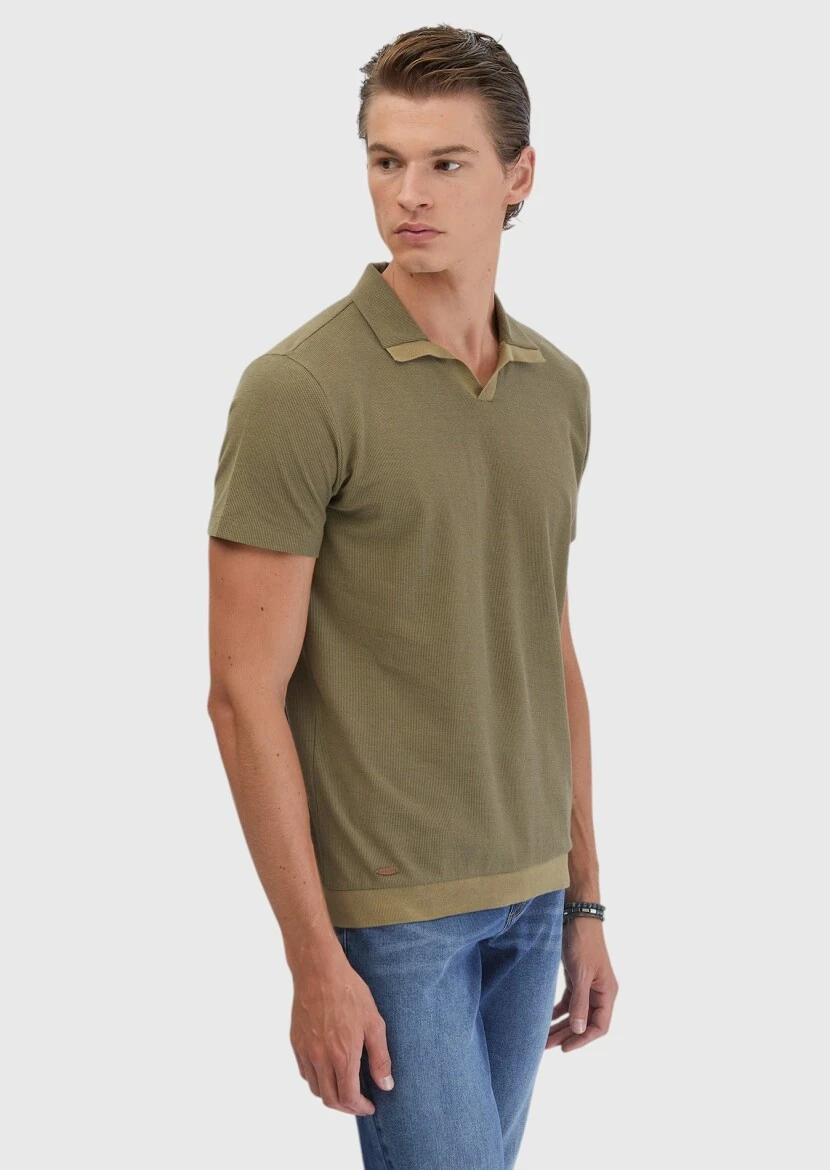 Oil Green Jacquard Polo Neck 100% Cotton T-Shirt - 3