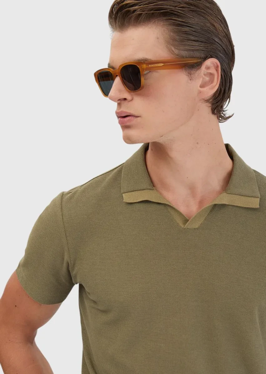 Oil Green Jacquard Polo Neck 100% Cotton T-Shirt - 4