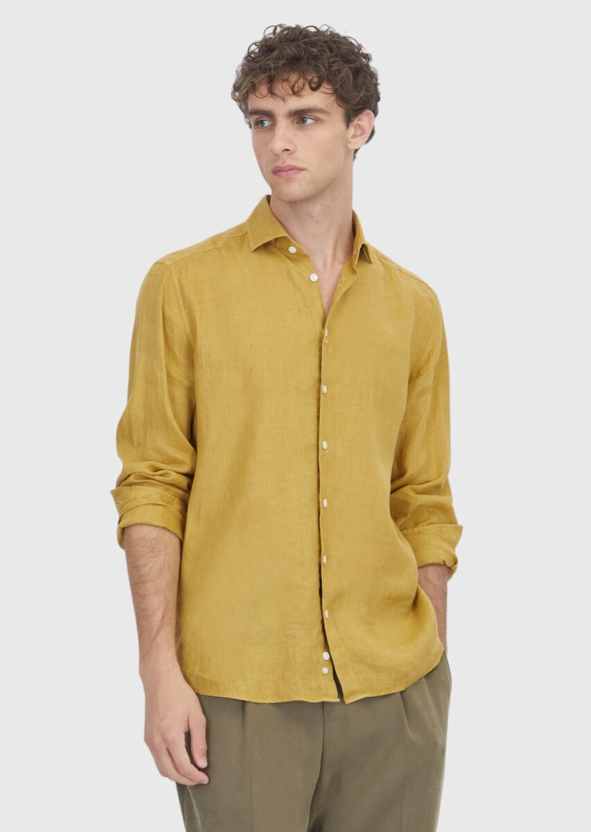 Oil Green Plain Casual Fit Long Weaving Casual 100% Linen Shirt - 1