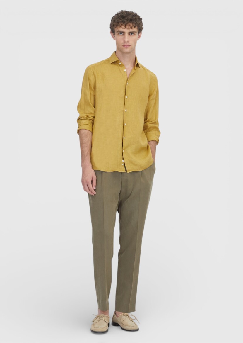 Oil Green Plain Casual Fit Long Weaving Casual 100% Linen Shirt - RAMSEY