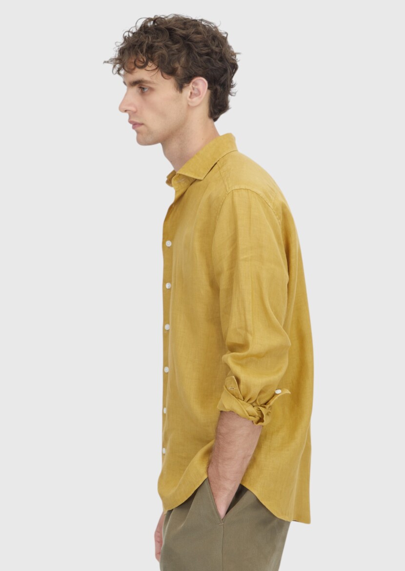 Oil Green Plain Casual Fit Long Weaving Casual 100% Linen Shirt - 3