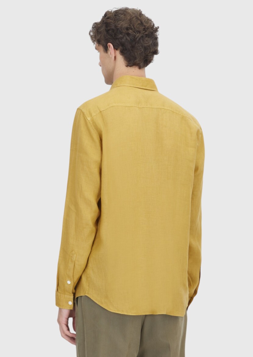 Oil Green Plain Casual Fit Long Weaving Casual 100% Linen Shirt - 5