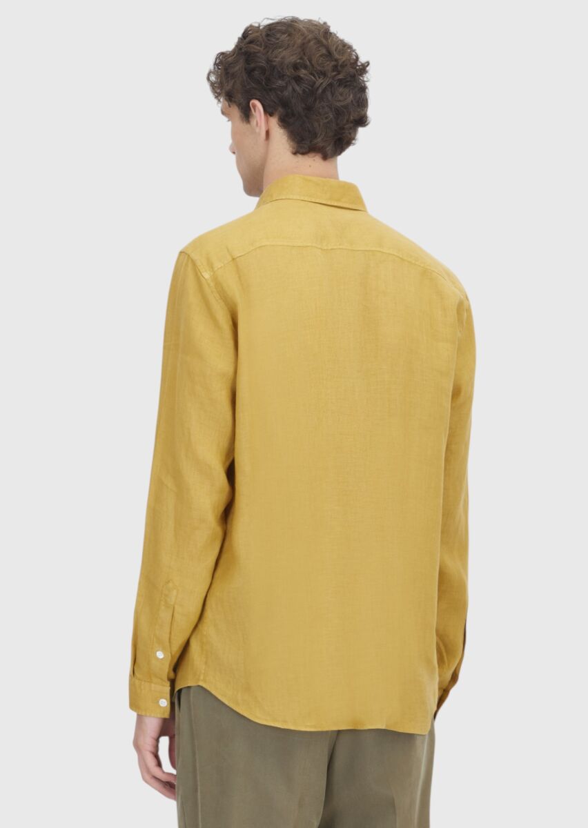 Oil Green Plain Casual Fit Long Weaving Casual 100% Linen Shirt - 5