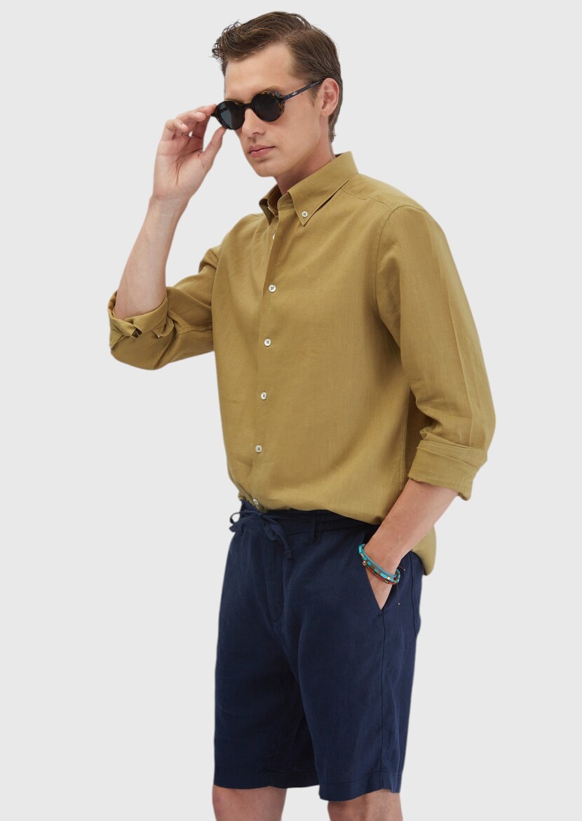 Oil Green Plain Casual Fit Long Weaving Casual Cotton Blended Shirt - 1