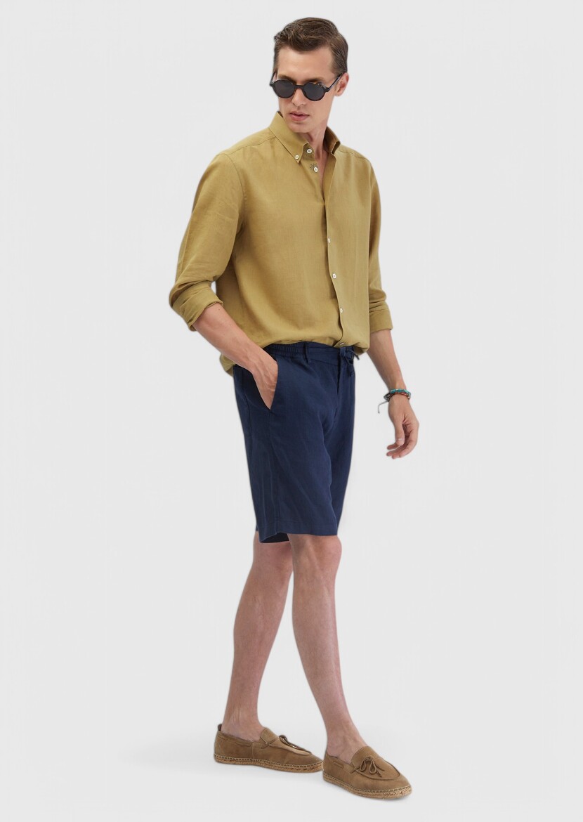 Oil Green Plain Casual Fit Long Weaving Casual Cotton Blended Shirt 