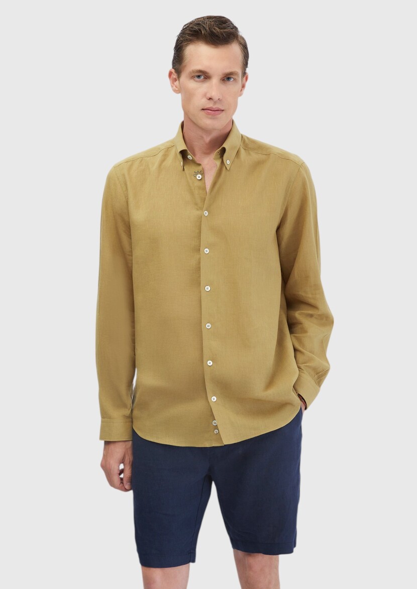 Oil Green Plain Casual Fit Long Weaving Casual Cotton Blended Shirt - 3