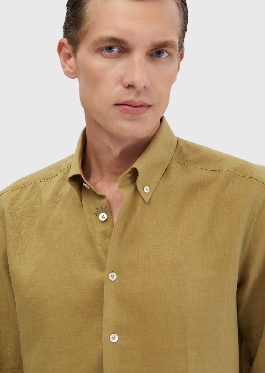 Oil Green Plain Casual Fit Long Weaving Casual Cotton Blended Shirt - 4
