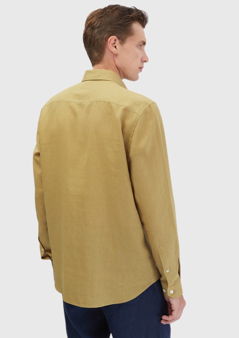 Oil Green Plain Casual Fit Long Weaving Casual Cotton Blended Shirt - 6