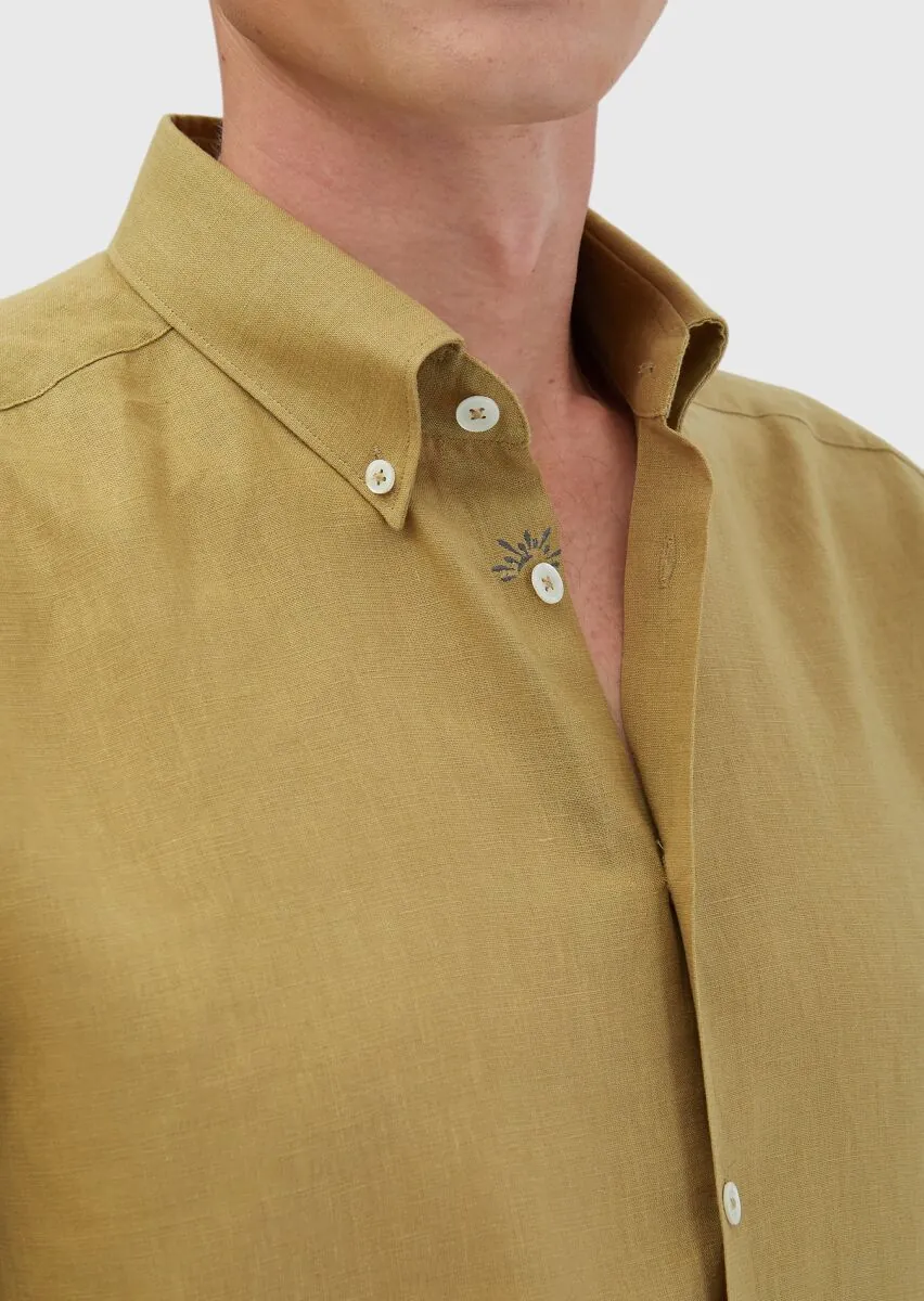 Oil Green Plain Casual Fit Weaving Casual Cotton Blended Shirt - 5