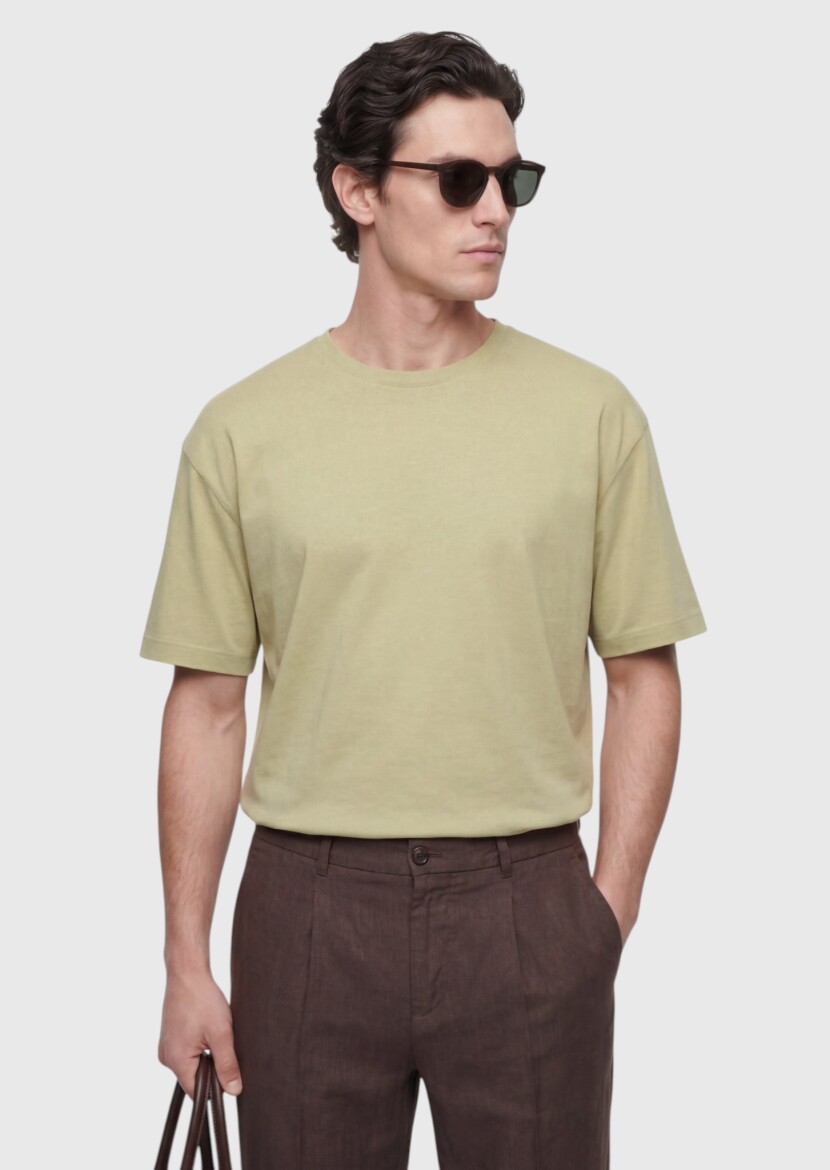 Oil Green Plain Cotton Blended T-Shirt - RAMSEY