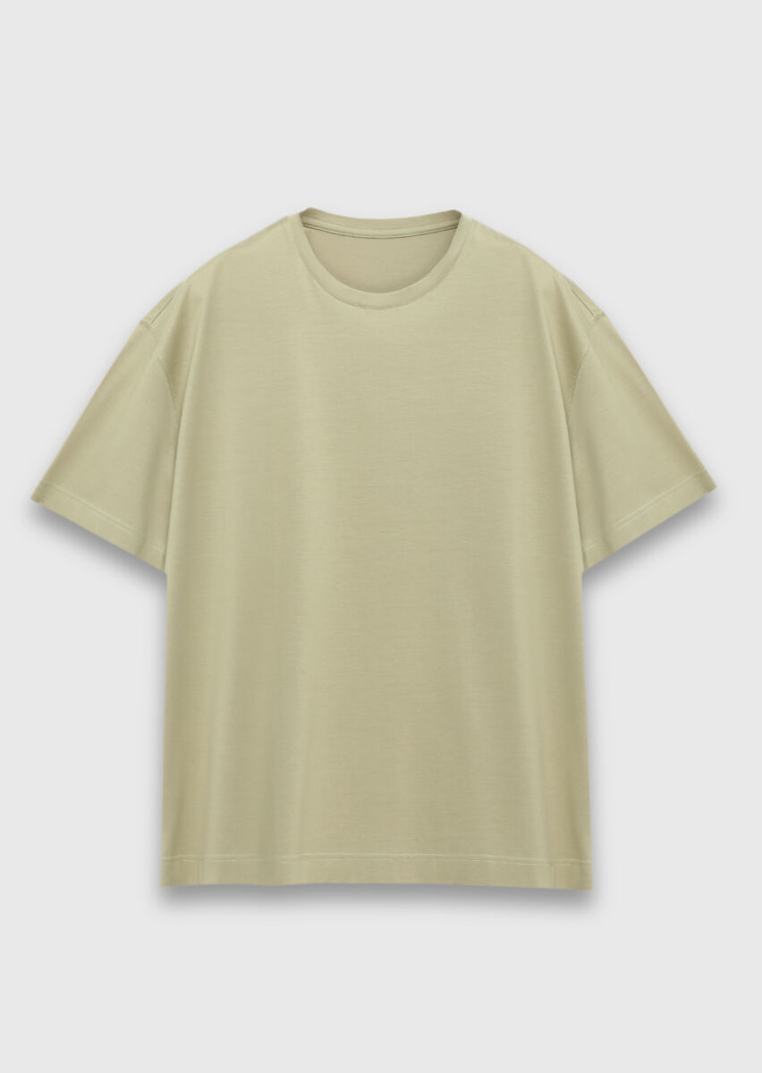 Oil Green Plain Cotton Blended T-Shirt - 5