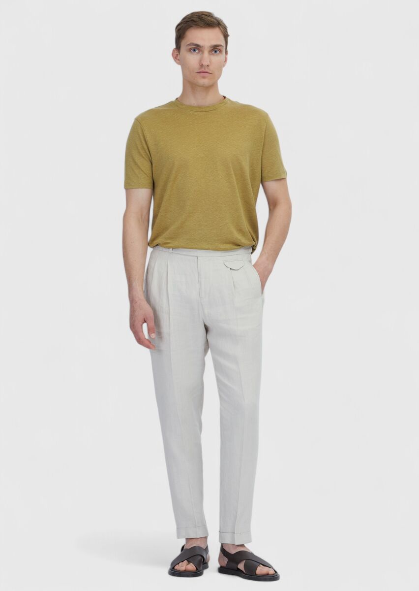 Oil Green Plain Crew Neck 100% Linen T-Shirt - 2