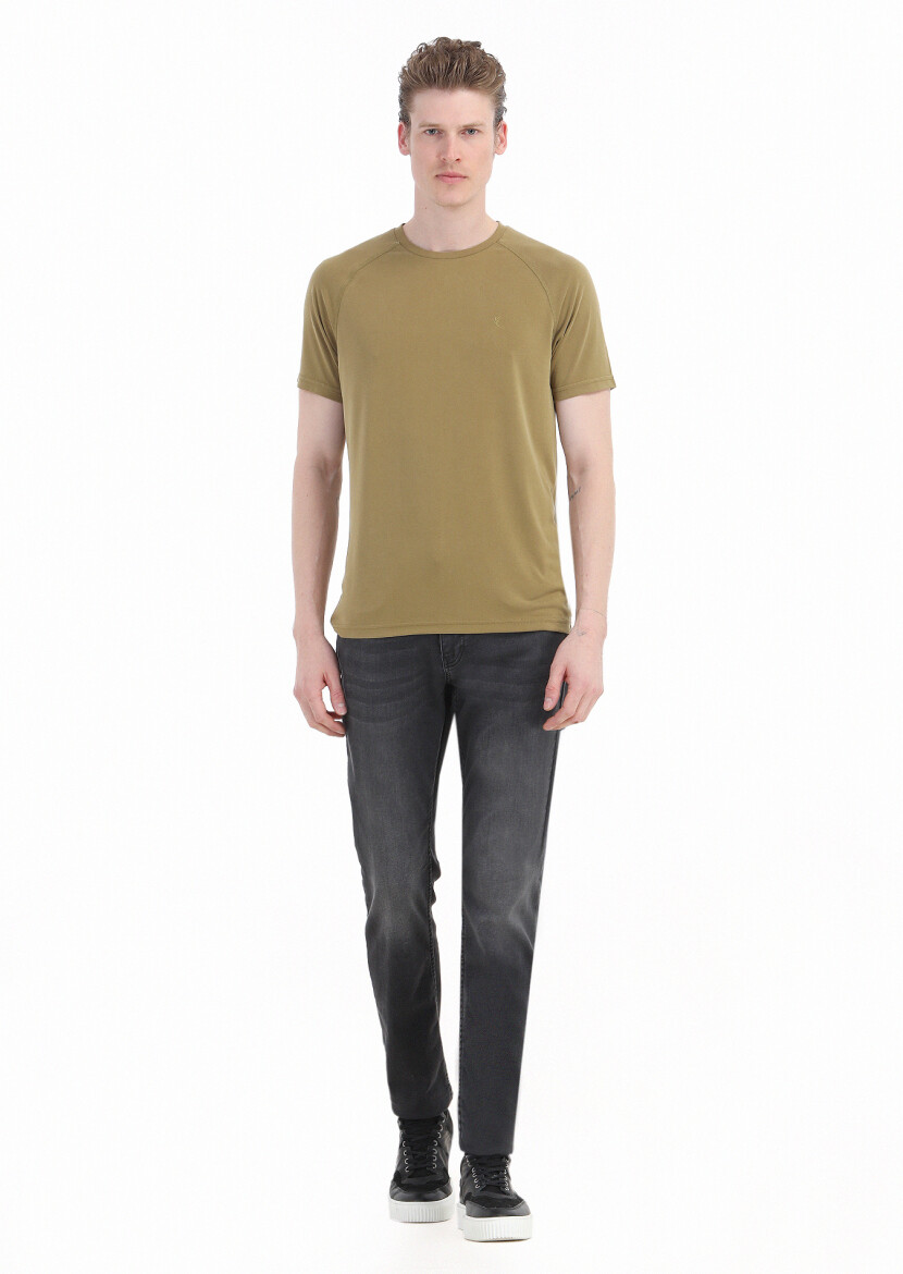 Oil Green Plain Crew Neck T-Shirt 