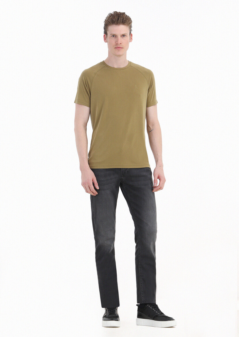 Oil Green Plain Crew Neck T-Shirt - 2