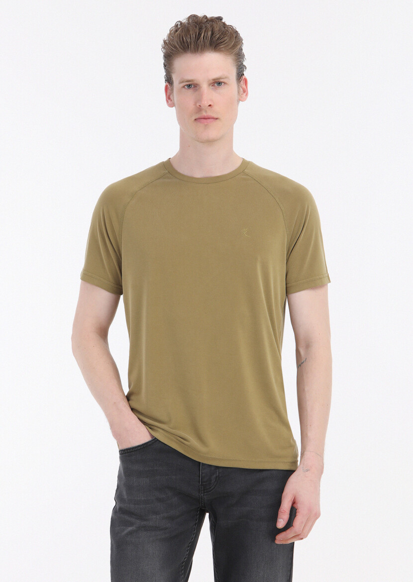 Oil Green Plain Crew Neck T-Shirt - 3