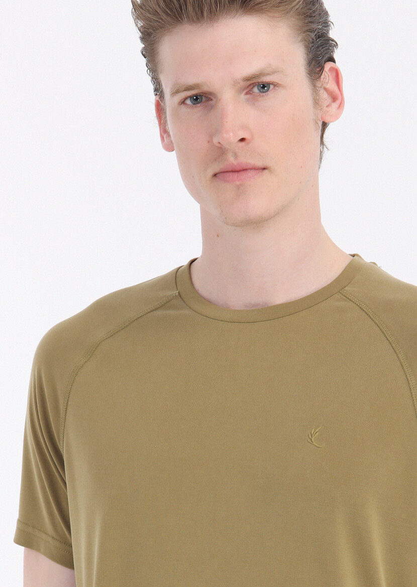 Oil Green Plain Crew Neck T-Shirt - 4