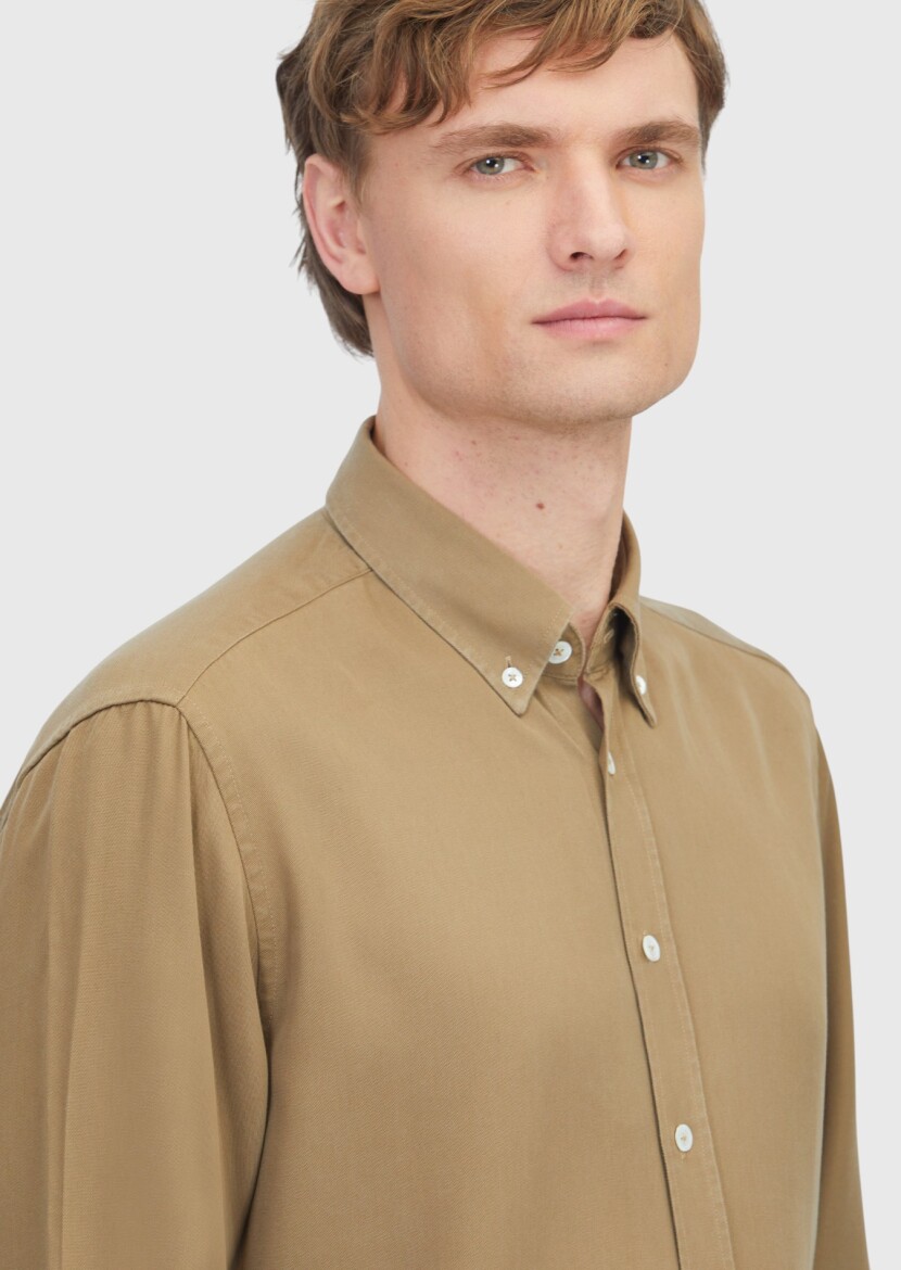 Oil Green Plain Long Weaving Casual Shirt - 3