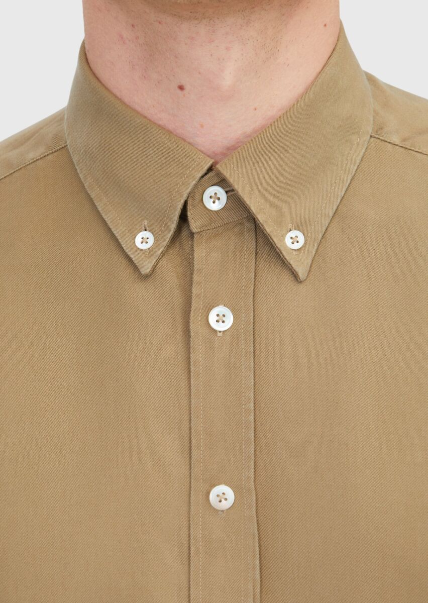 Oil Green Plain Long Weaving Casual Shirt - 4