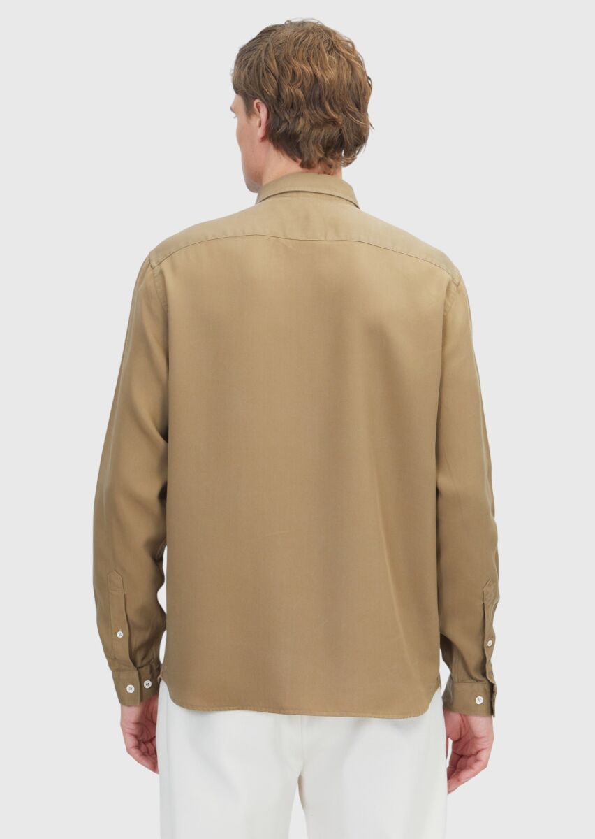 Oil Green Plain Long Weaving Casual Shirt - 5