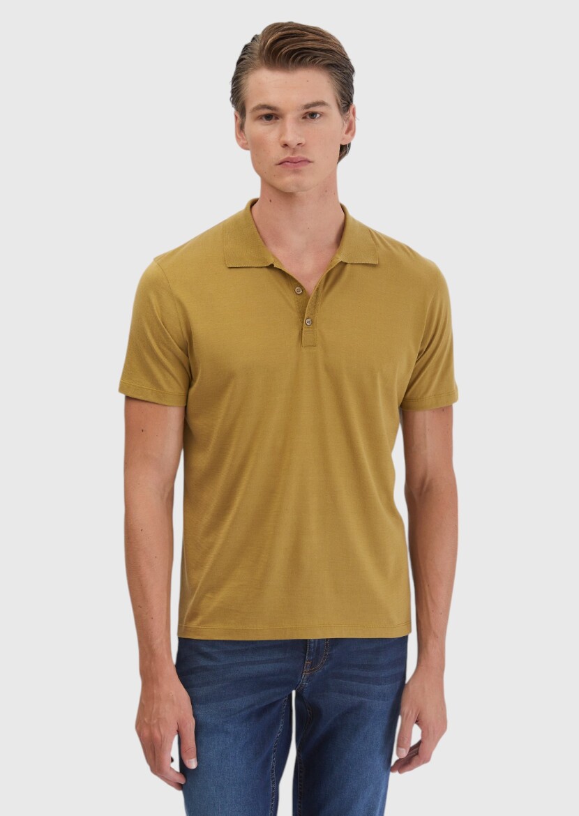Oil Green Plain Polo Neck Cotton Blended T-Shirt - 3