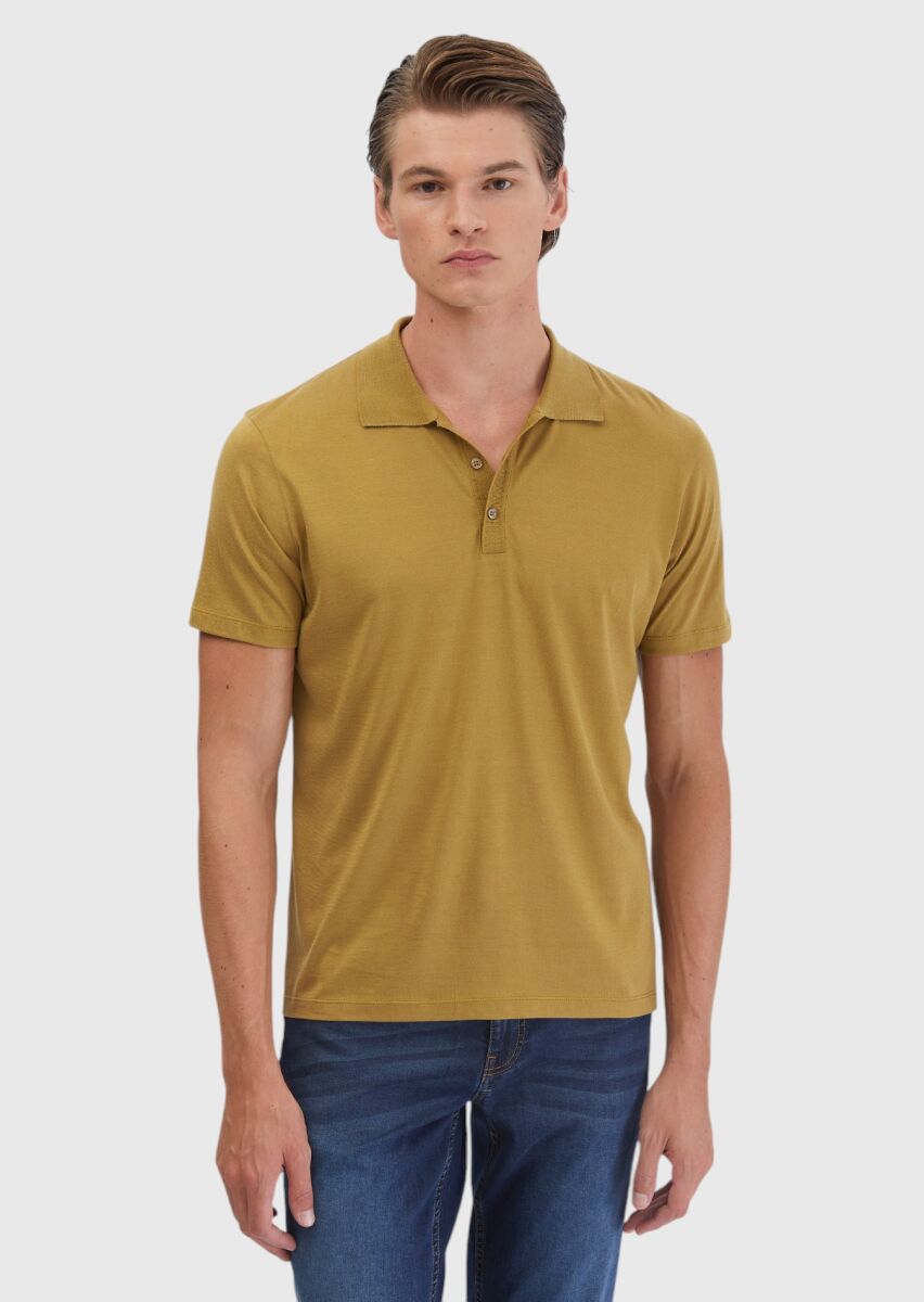 Oil Green Plain Polo Neck Cotton Blended T-Shirt - 3