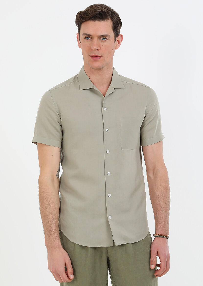 Oil Green Plain Regular Fit Short Weaving Casual Cotton Blended Shirt - 1