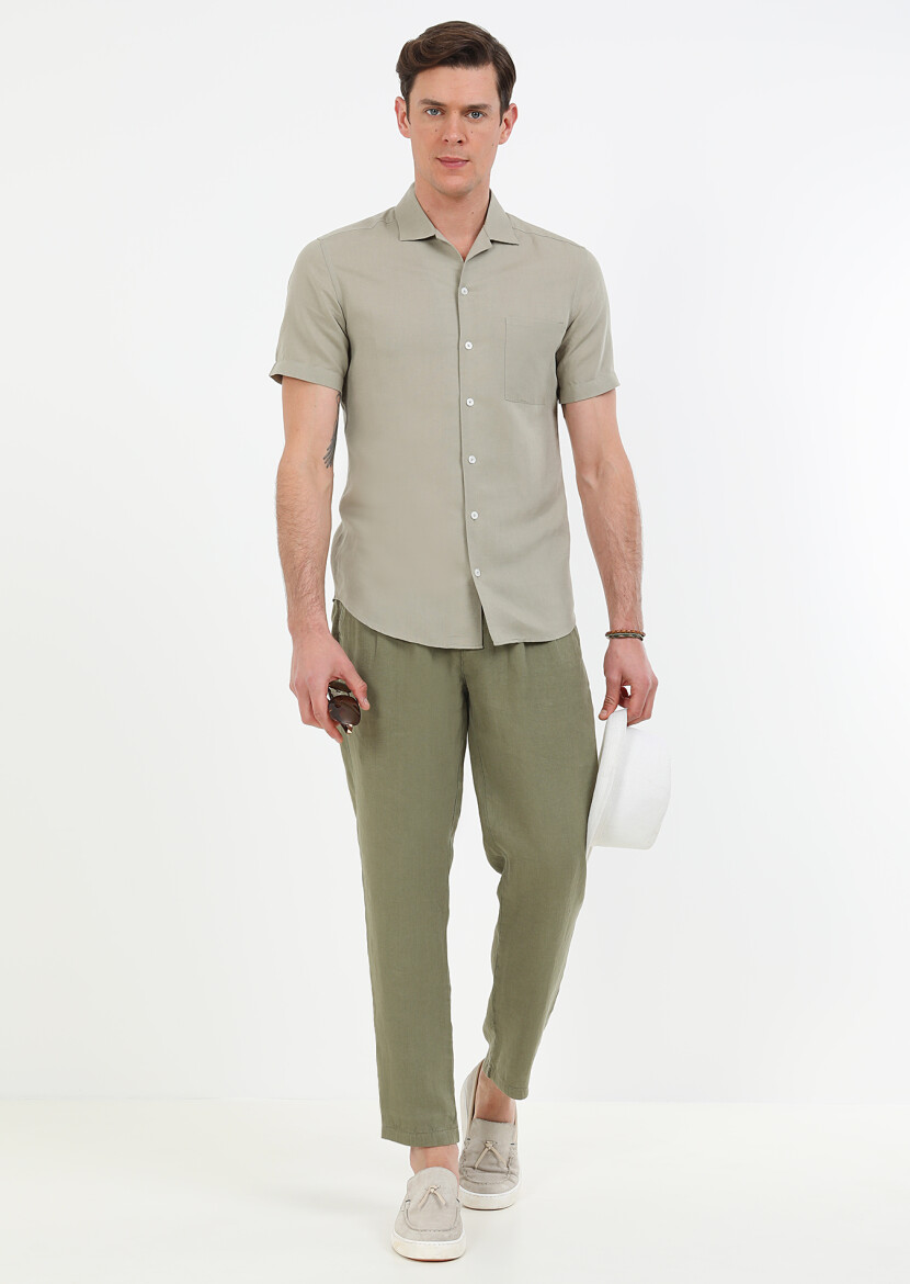 Oil Green Plain Regular Fit Short Weaving Casual Cotton Blended Shirt - 2