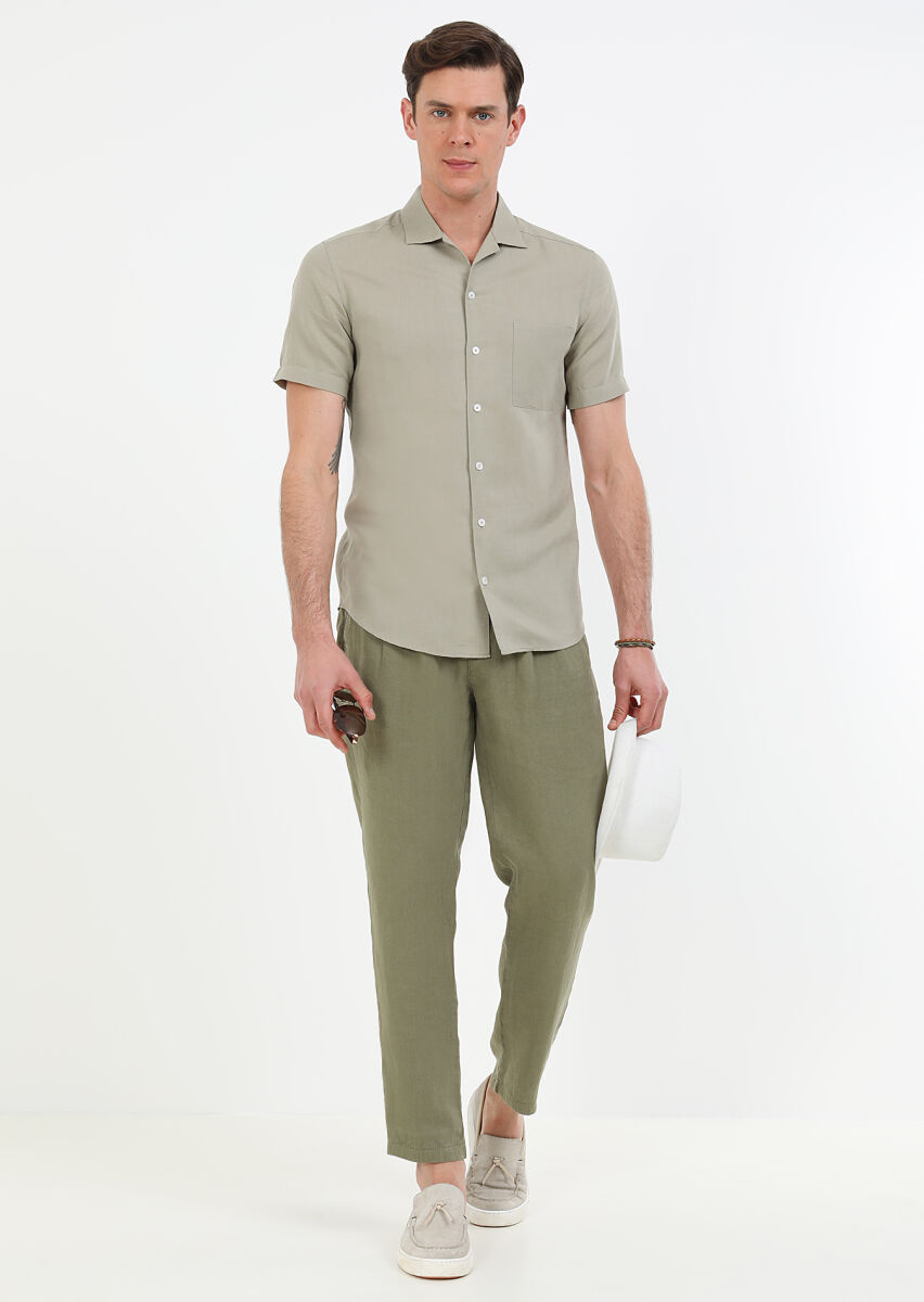 Oil Green Plain Regular Fit Short Weaving Casual Cotton Blended Shirt - 2