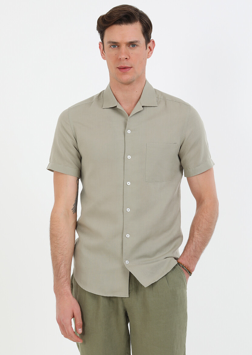 Oil Green Plain Regular Fit Short Weaving Casual Cotton Blended Shirt - 4