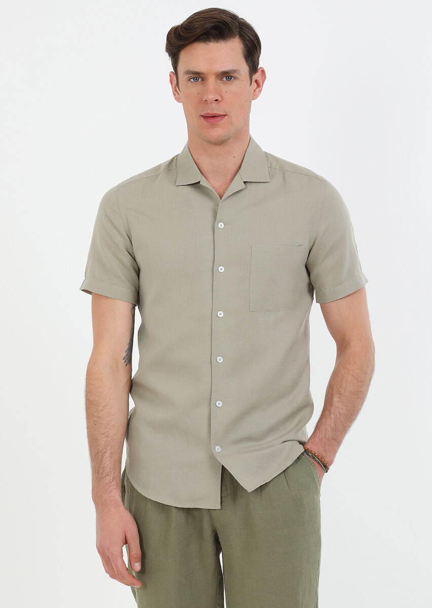 Oil Green Plain Regular Fit Short Weaving Casual Cotton Blended Shirt - 4