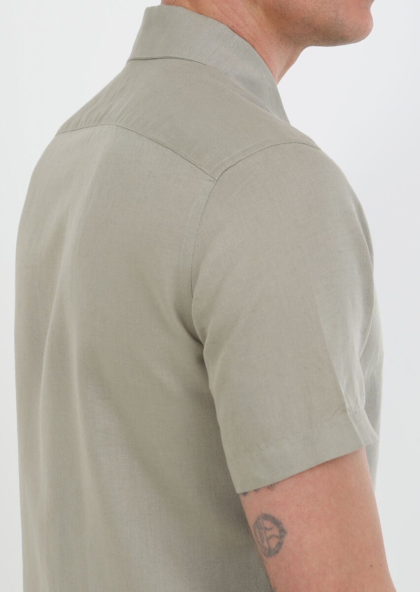 Oil Green Plain Regular Fit Short Weaving Casual Cotton Blended Shirt - 5