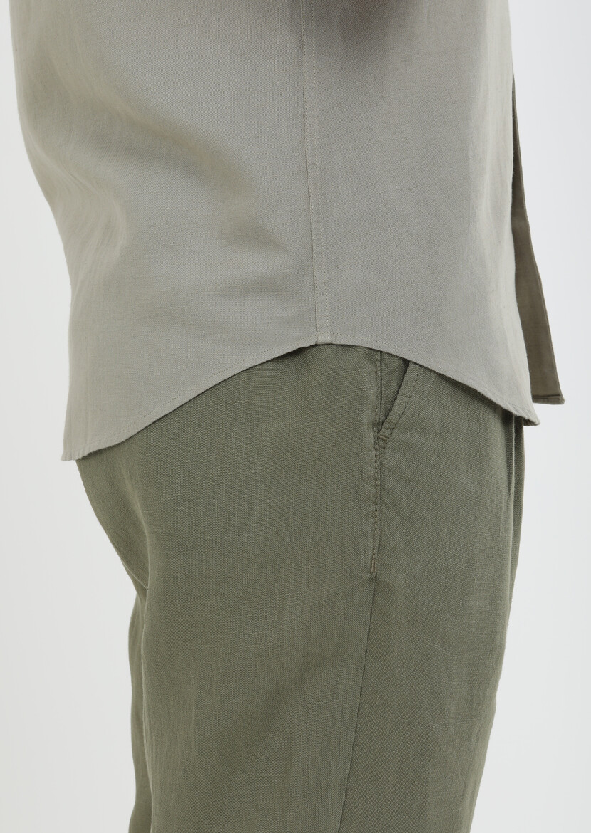 Oil Green Plain Regular Fit Short Weaving Casual Cotton Blended Shirt - 6