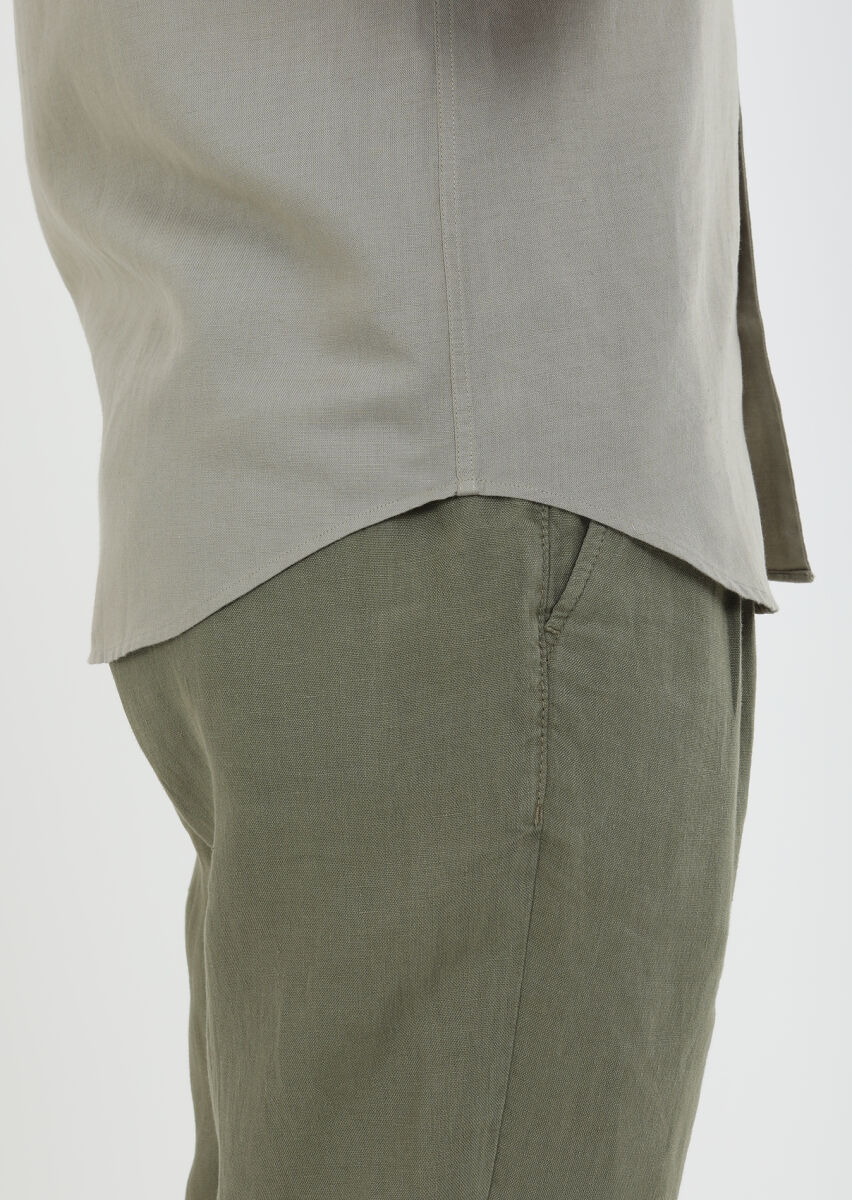 Oil Green Plain Regular Fit Short Weaving Casual Cotton Blended Shirt - 6