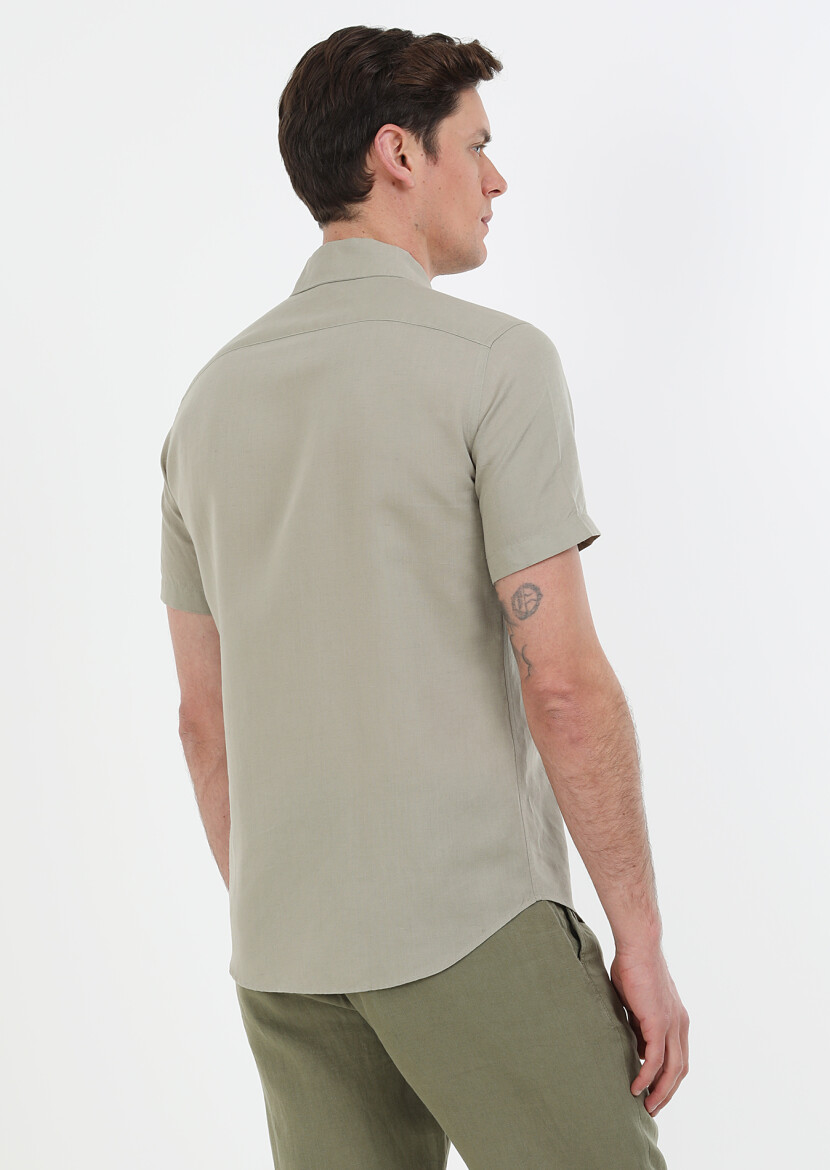 Oil Green Plain Regular Fit Short Weaving Casual Cotton Blended Shirt - 7