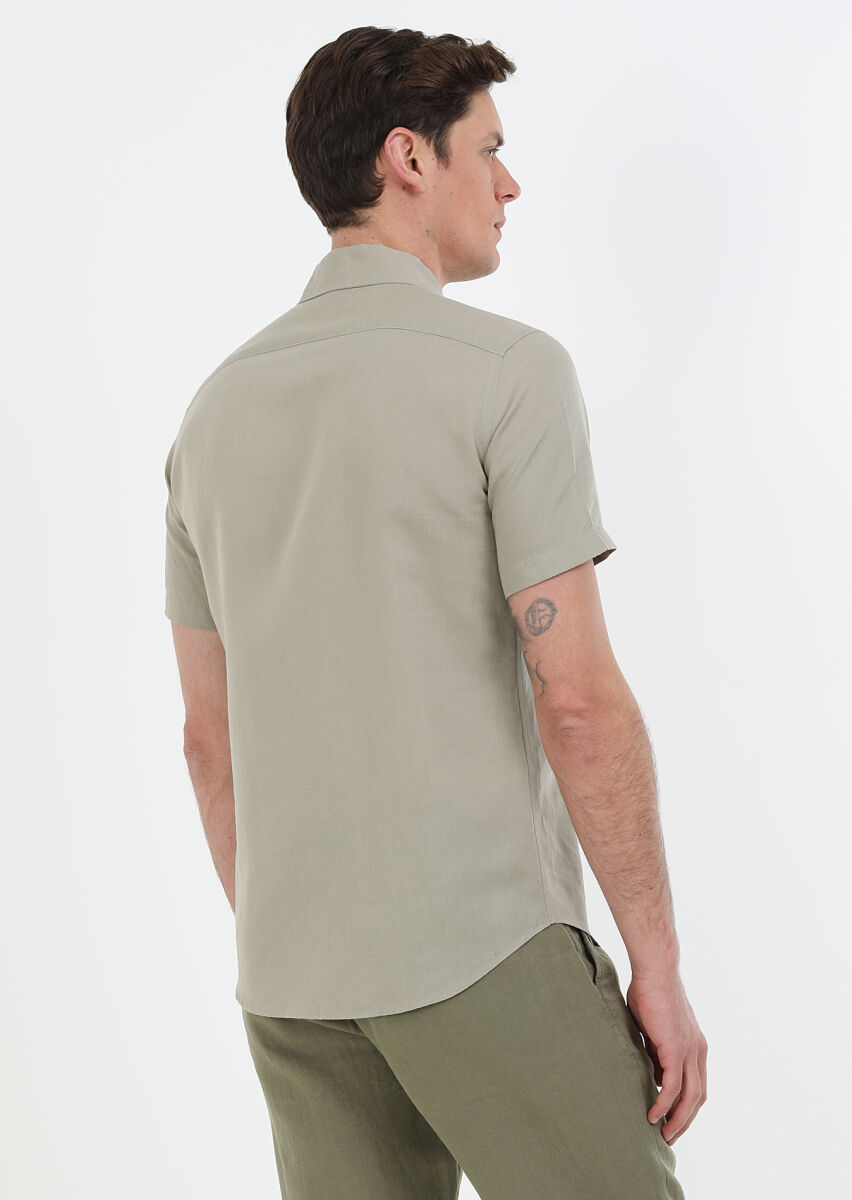 Oil Green Plain Regular Fit Short Weaving Casual Cotton Blended Shirt - 7