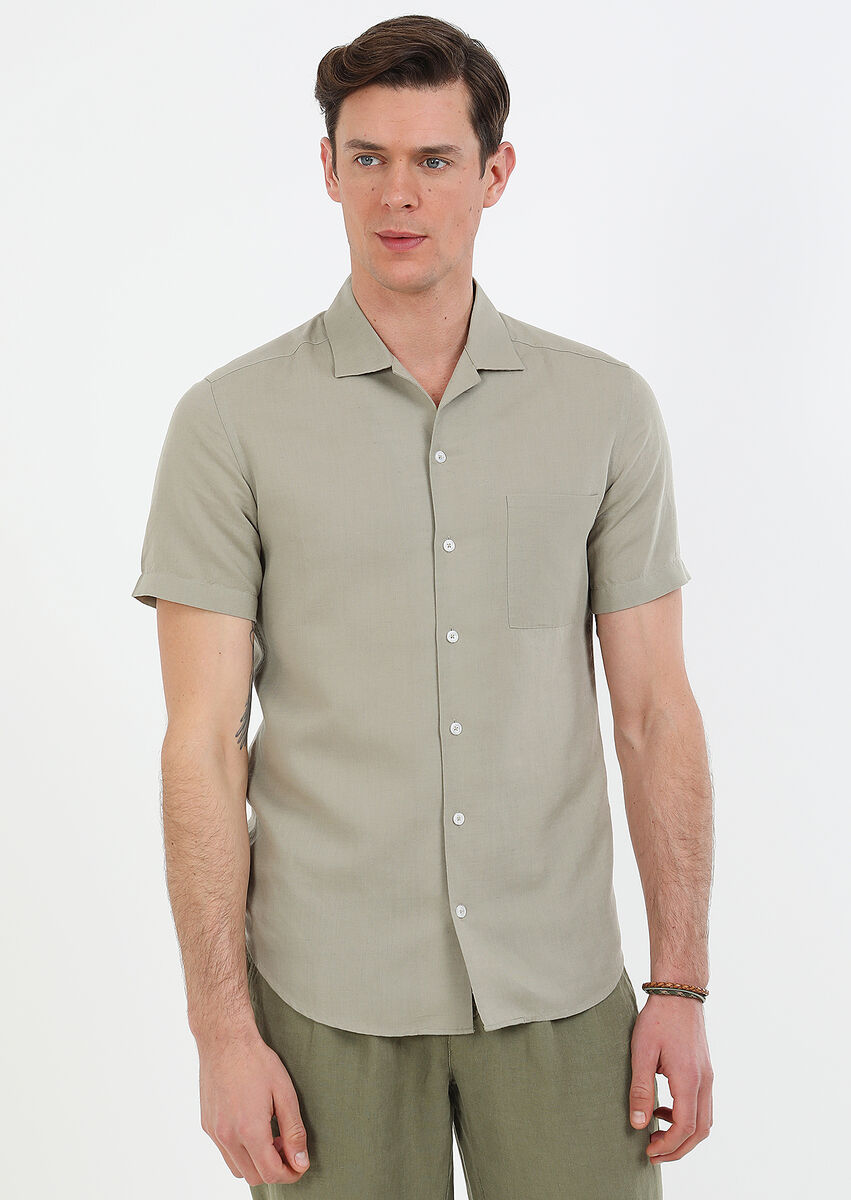 Oil Green Plain Regular Fit Weaving Casual Cotton Blended Shirt - 1