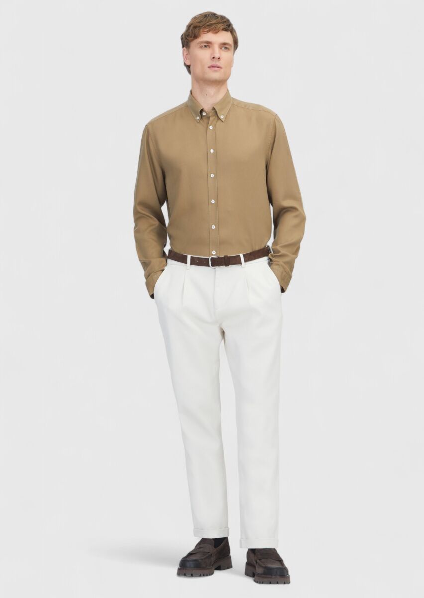 Oil Green Plain Weaving Casual Shirt - 2