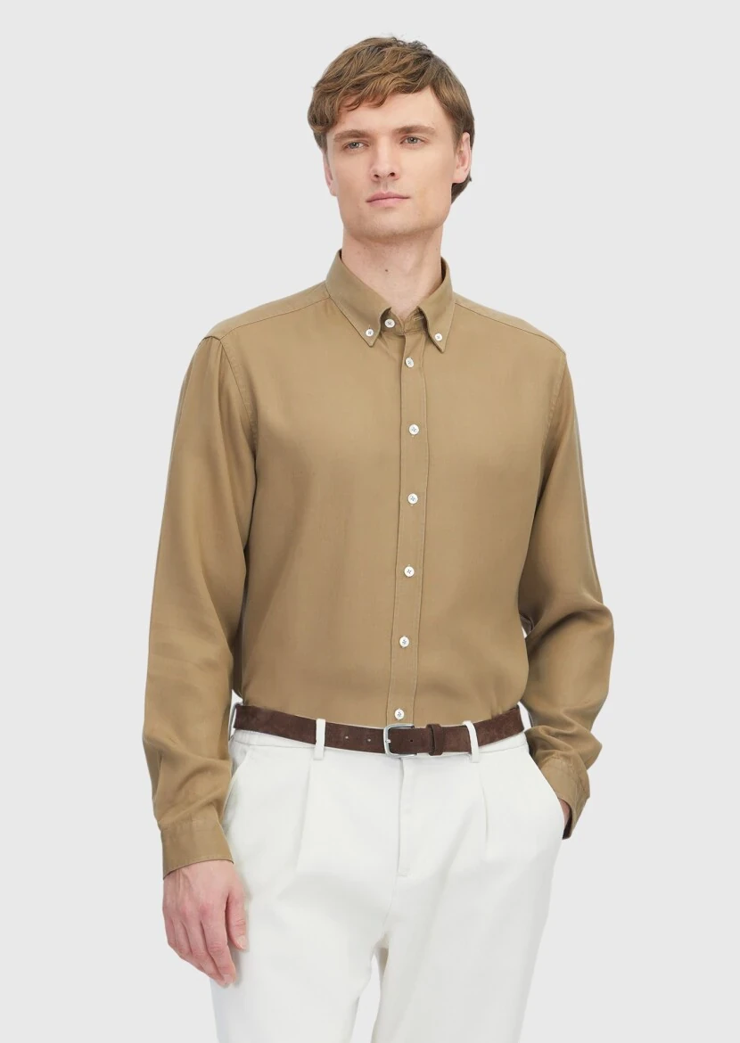Oil Green Plain Weaving Casual Shirt - 1