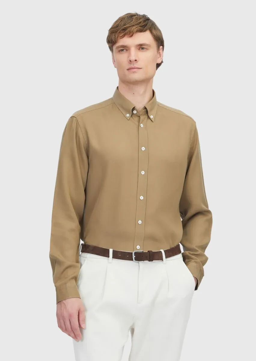 Oil Green Plain Weaving Casual Shirt - 1