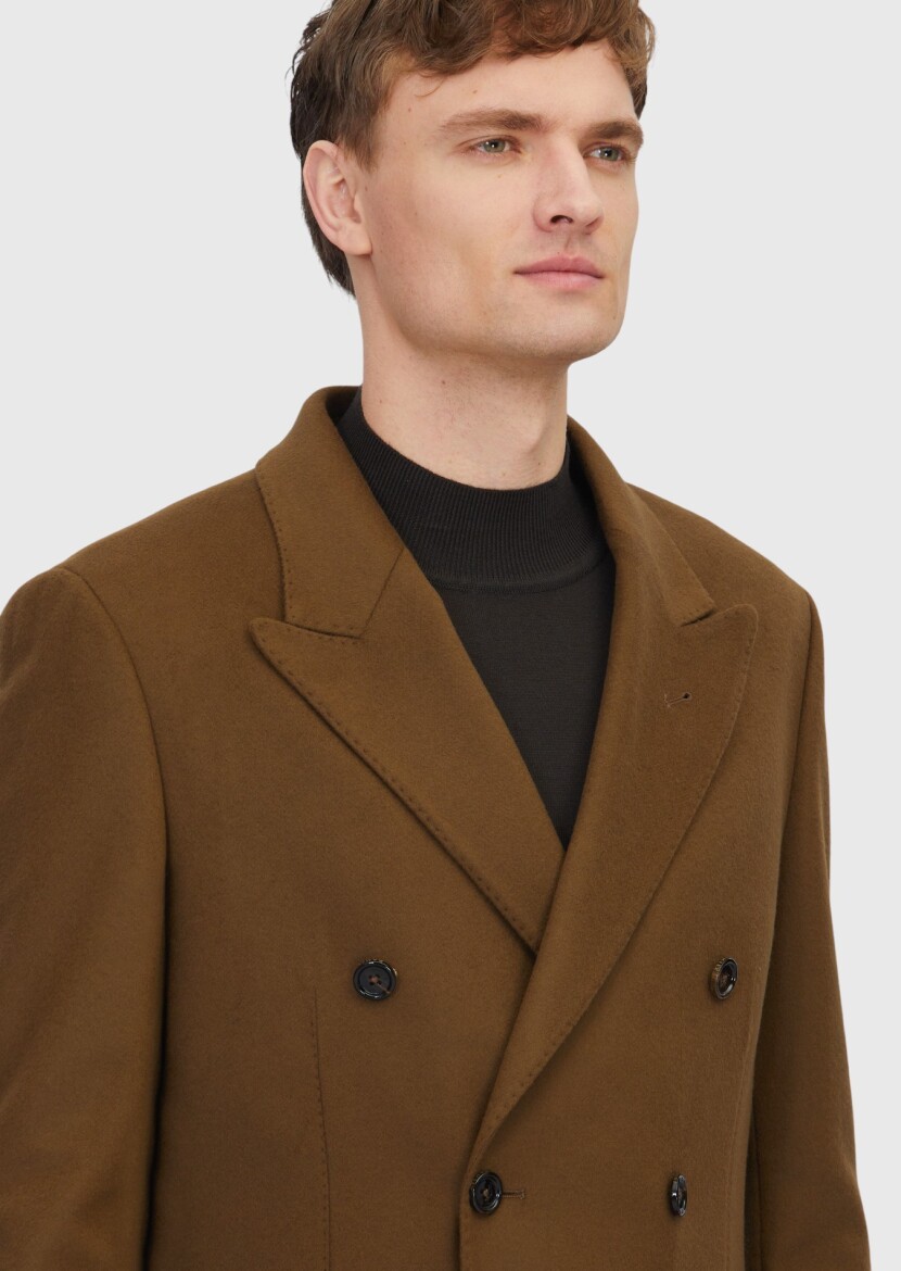 Oil Green Regular Fit Double Breasted Collar Casual Weaving Overcoat - 4