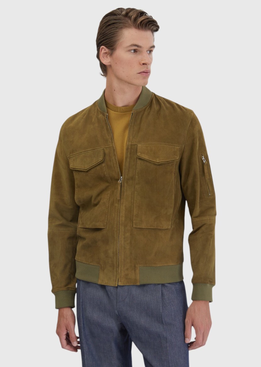 Oil Green Regular Fit Turtleneck Casual Leather Coat - RAMSEY