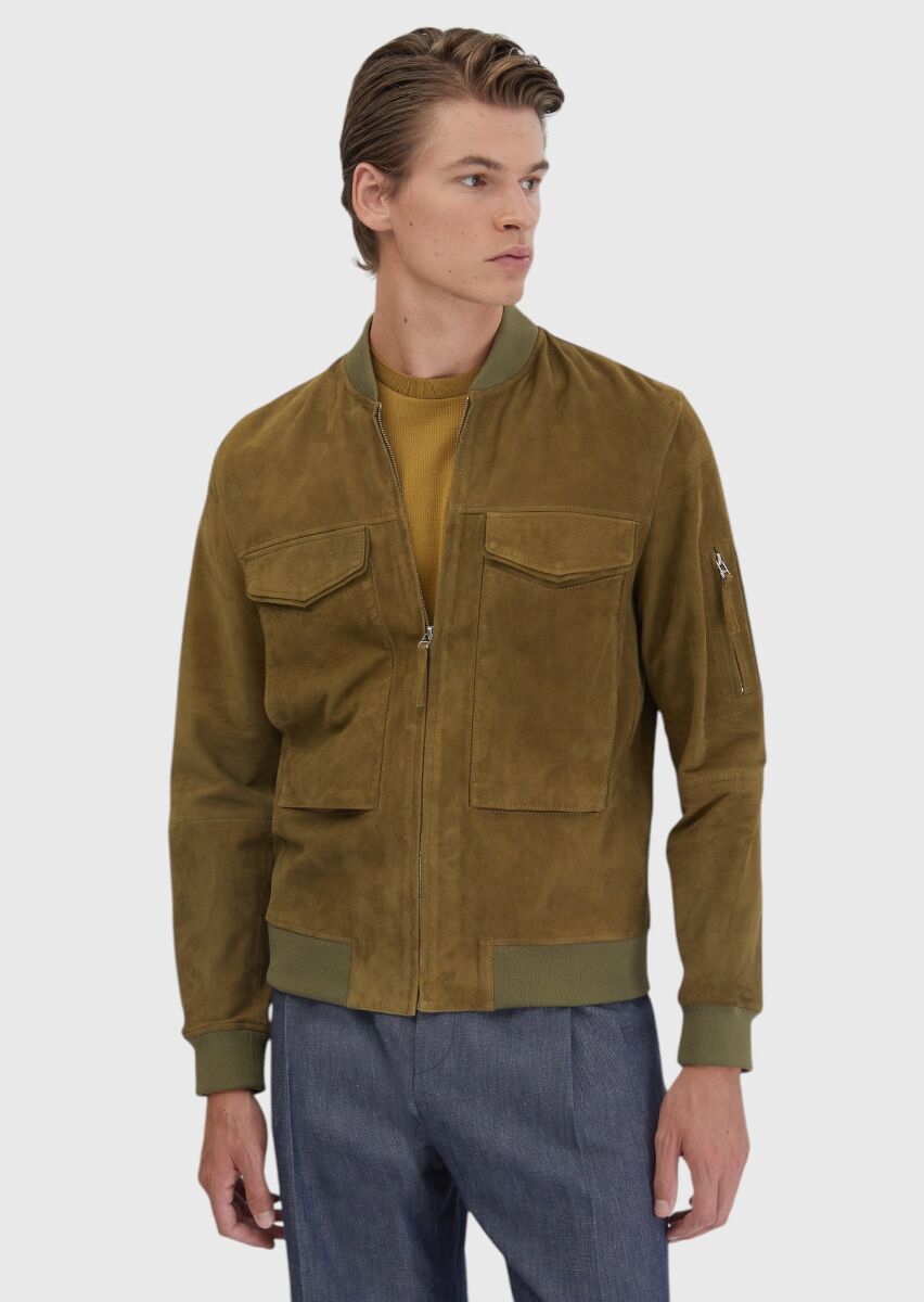 Oil Green Regular Fit Turtleneck Casual Leather Coat - 1