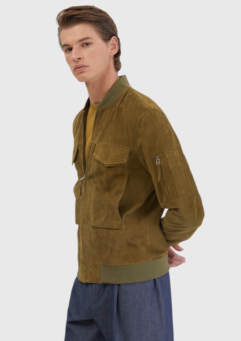 Oil Green Regular Fit Turtleneck Casual Leather Coat - 4