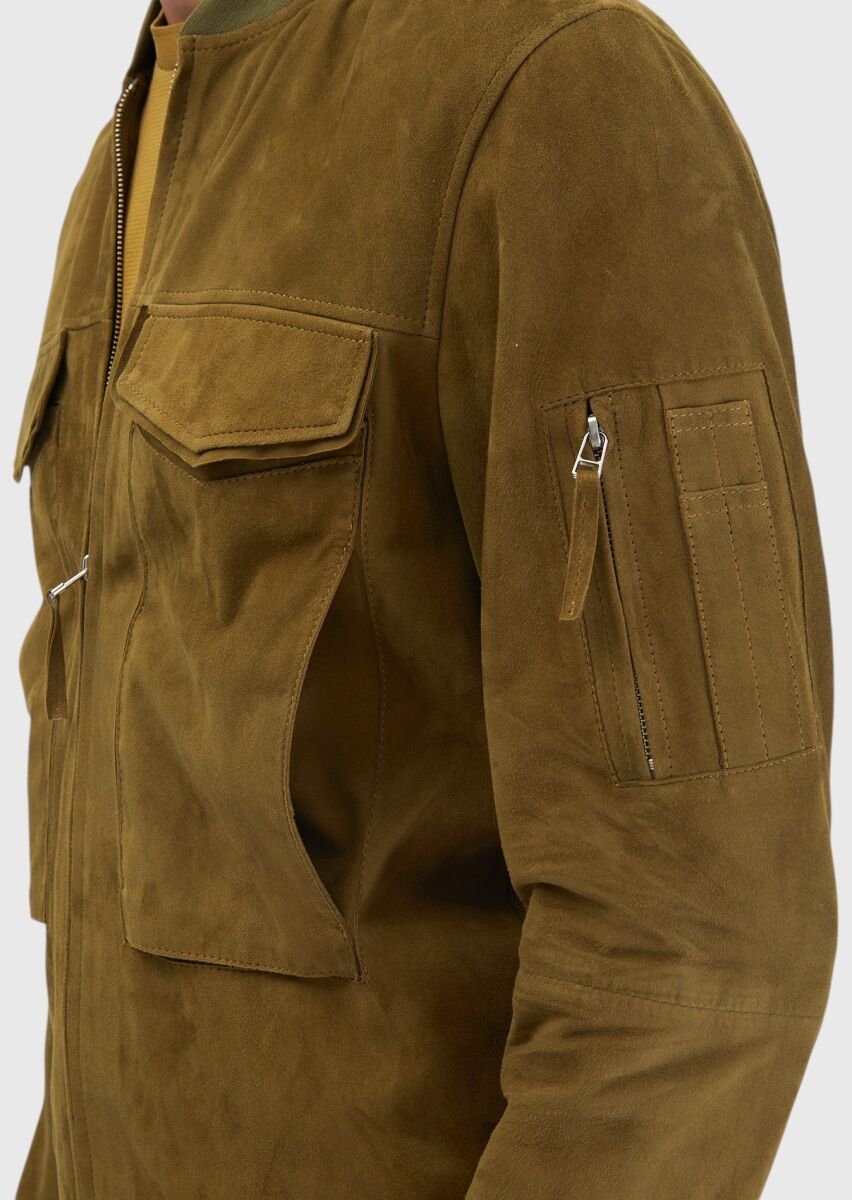 Oil Green Regular Fit Turtleneck Casual Leather Coat - 5