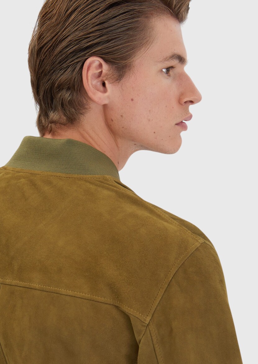 Oil Green Regular Fit Turtleneck Casual Leather Coat - 6