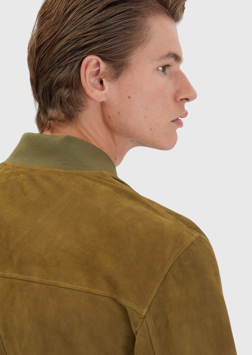 Oil Green Regular Fit Turtleneck Casual Leather Coat - 6