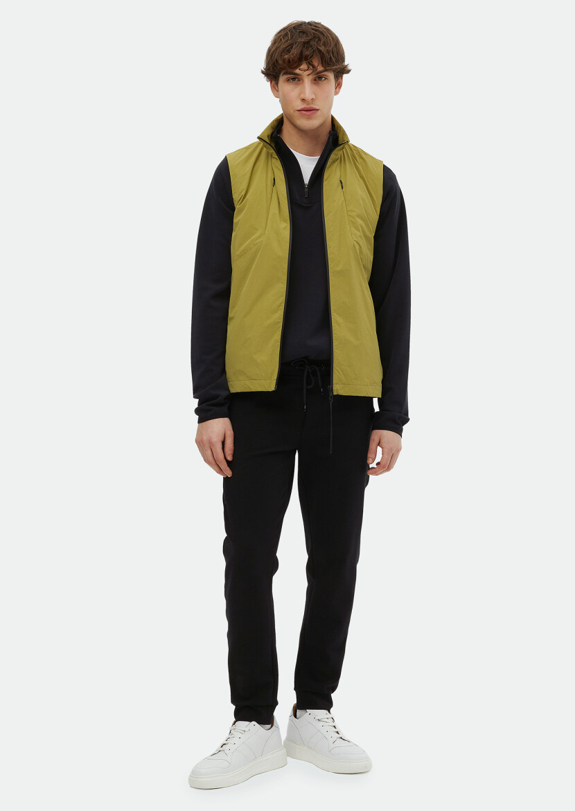 Oil Green Regular Fit Turtleneck Denim Weaving Puffer Vest - 2