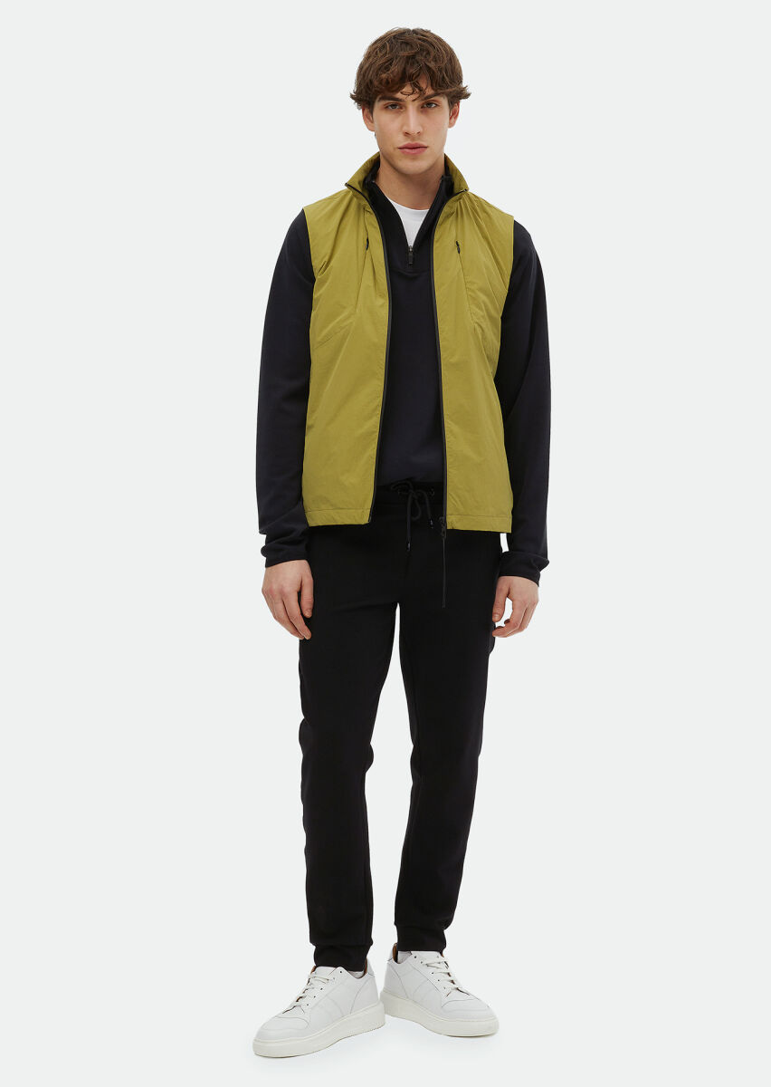 Oil Green Regular Fit Turtleneck Denim Weaving Puffer Vest - 2